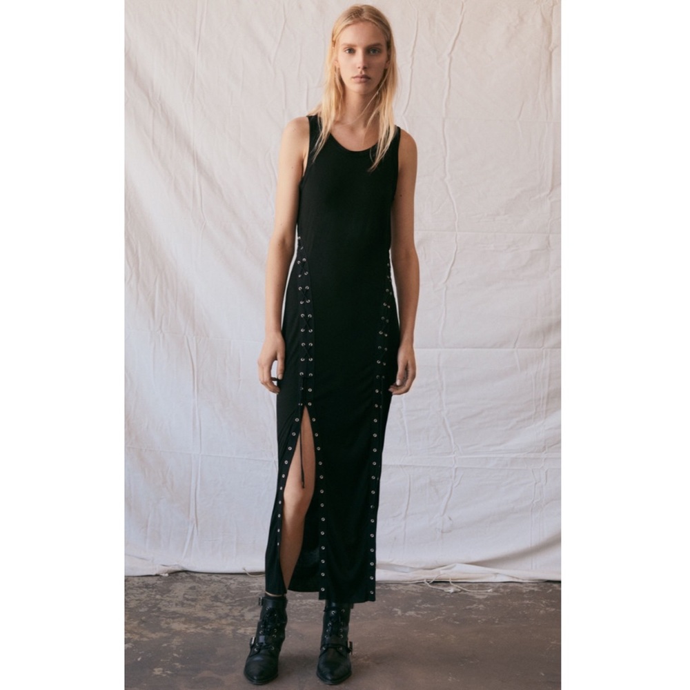 All Saints Miller Lace Up Slit Black Maxi Dress
